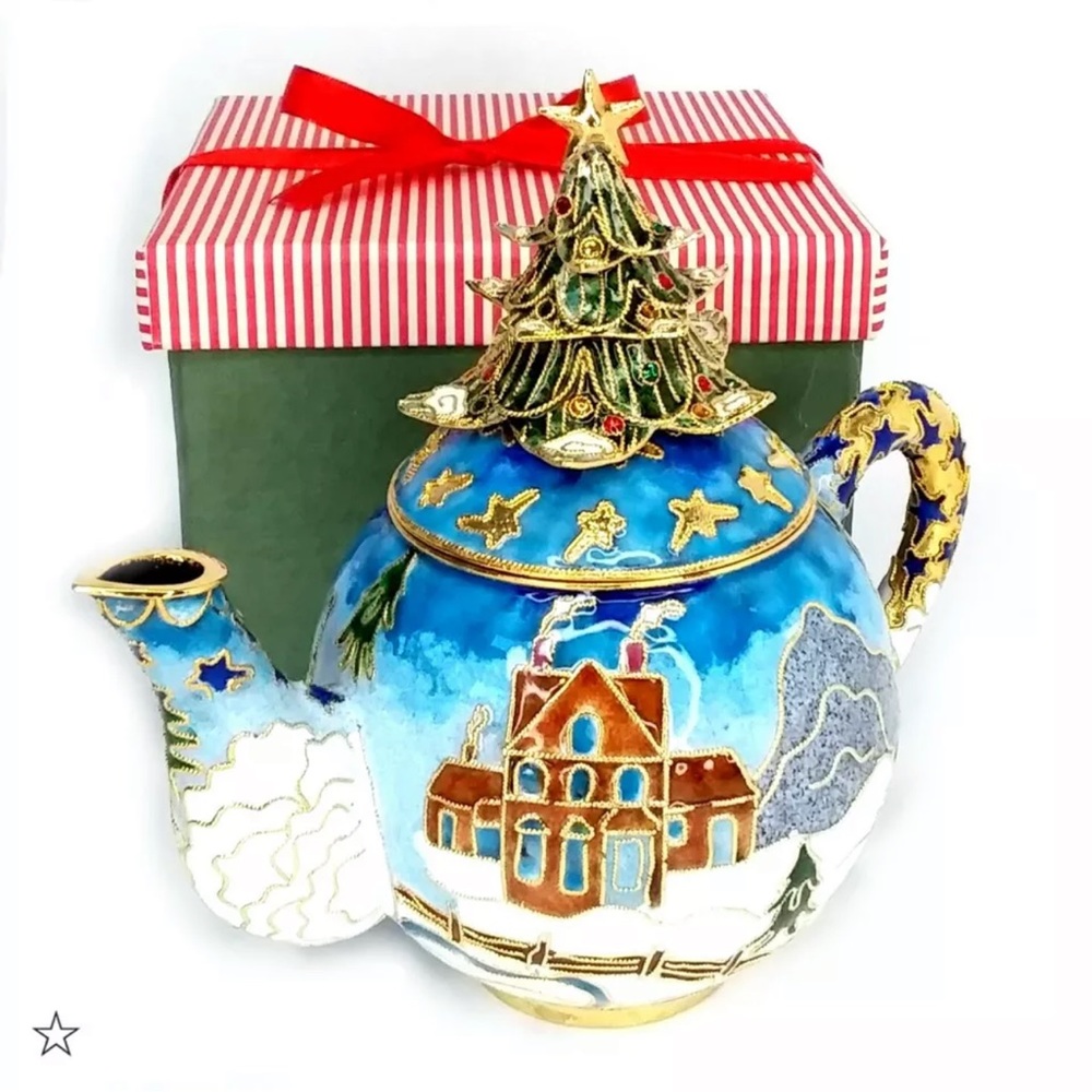 NYCO Cloisonne Enamel Christmas Teapot Winter Scene Tree Lid New W/Gift Box